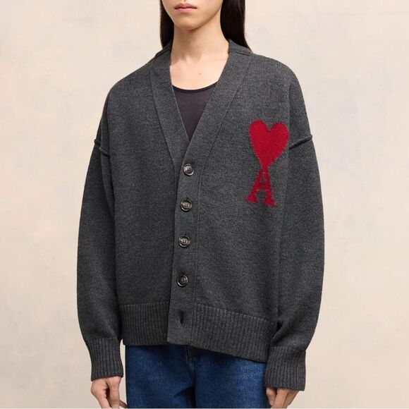 Ami Grey Wool Ami De Coeur Cardigan - Picture 11 of 12